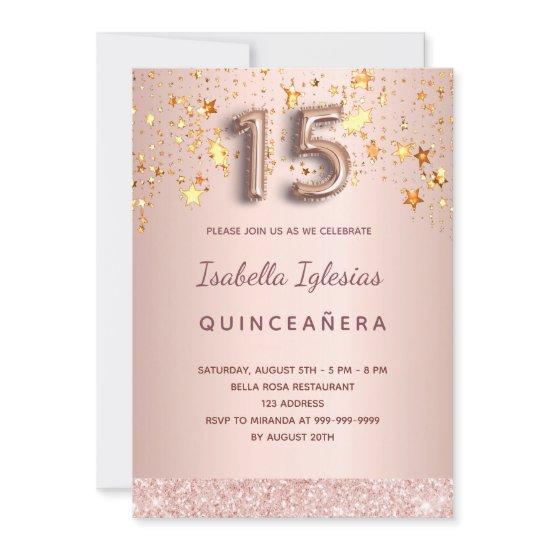 Quinceanera rose gold pink stars balloon script