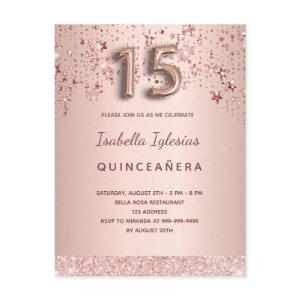 Quinceanera rose gold pink stars balloon script postcard