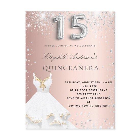 Quinceanera rose gold silver dress sparkles  postcard