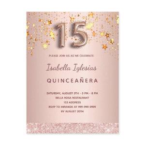 Quinceanera rose gold stars pink balloon script postcard