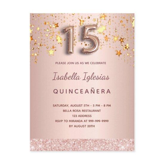 Quinceanera rose gold stars pink balloon script postcard