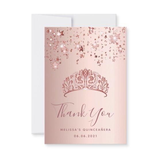 Quinceanera rose gold stars tiara stars thank you card