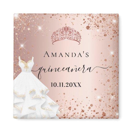 Quinceanera rose gold tiara dress glitter name magnet
