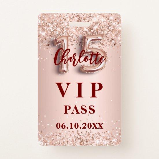 Quinceanera rose gold vip party pass badge