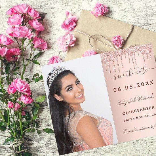 Quinceanera rose photo QR Save the Date card