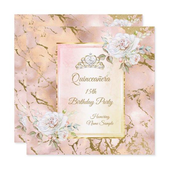 Quinceanera Rose Pink Gold Birthday Party Invite