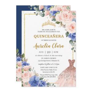 Quinceañera Royal Blue Blush Floral Dress Tiara