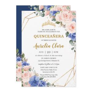 Quinceañera Royal Blue Blush Floral Gold Tiara