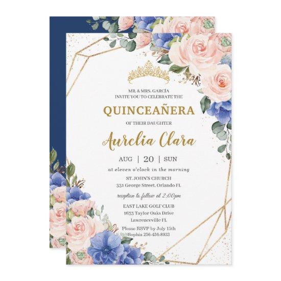 Quinceañera Royal Blue Blush Floral Gold Tiara