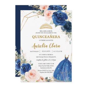 Quinceañera Royal Blue Blush Floral Rose Ball Gown