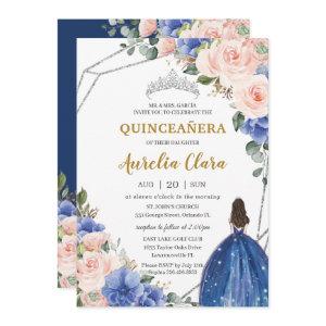 Quinceañera Royal Blue Blush Floral Silver Tiara