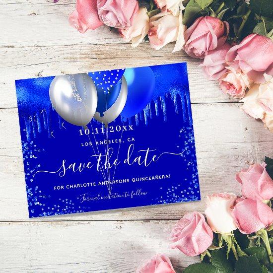 Quinceanera royal blue budget save the date flyer