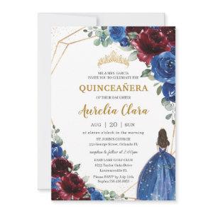 Quinceañera Royal Blue Burgundy Floral Princess
