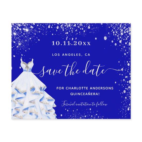 Quinceanera royal blue dress budget save the date flyer
