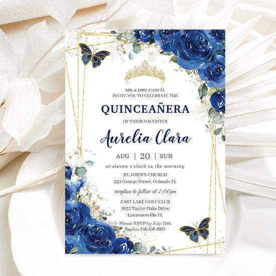 Quinceañera Royal Blue Floral Butterflies Birthday