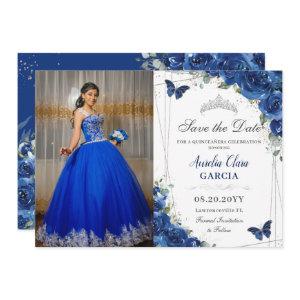 Quinceañera Royal Blue Floral Butterflies Birthday Save The Date