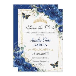 Quinceañera Royal Blue Floral Butterflies Birthday Save The Date