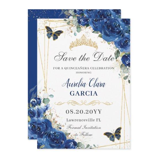 Quinceañera Royal Blue Floral Butterflies Birthday Save The Date