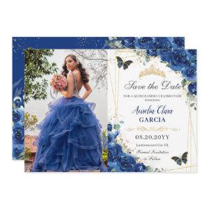 Quinceañera Royal Blue Floral Butterflies Birthday Save The Date