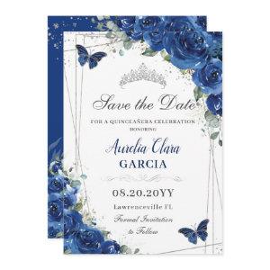 Quinceañera Royal Blue Floral Butterflies Birthday Save The Date