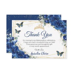 Quinceañera Royal Blue Floral Butterflies Birthday Thank You Card
