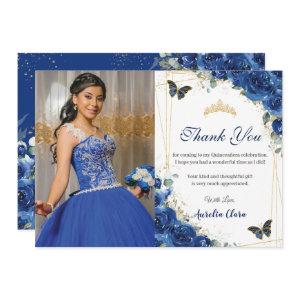 Quinceañera Royal Blue Floral Butterflies Birthday Thank You Card