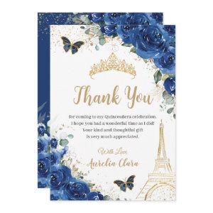 Quinceañera Royal Blue Floral Eiffel 16th Birthday Thank You Card