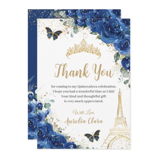 Quinceañera Royal Blue Floral Eiffel 16th Birthday Thank You Card