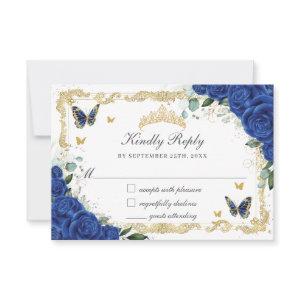 Quinceañera Royal Blue Floral Gold Butterflies RSVP Card