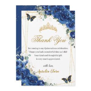 Quinceañera Royal Blue Floral Gold Butterflies Thank You Card