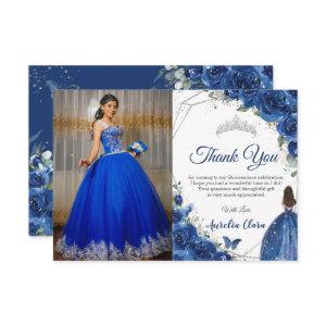 Quinceañera Royal Blue Floral Princess Picture Thank You Card