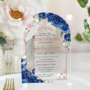 Quinceañera Royal Blue Floral Rose Gold 16th Arch Acrylic