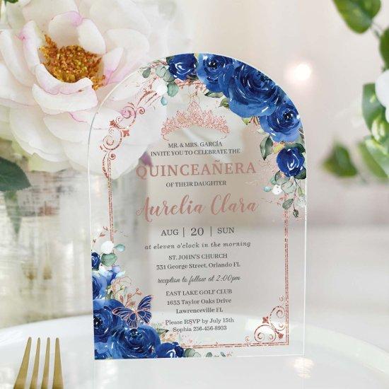 Quinceañera Royal Blue Floral Rose Gold 16th Arch Acrylic