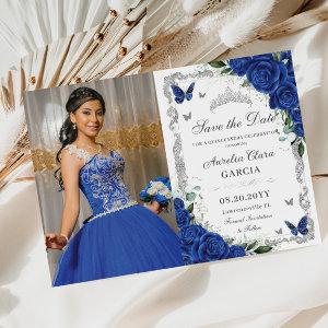 Quinceañera Royal Blue Floral Vintage Silver Photo Save The Date