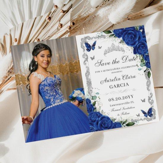 Quinceañera Royal Blue Floral Vintage Silver Photo Save The Date