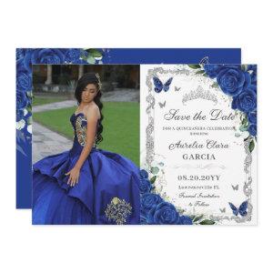 Quinceañera Royal Blue Floral Vintage Silver Photo Save The Date