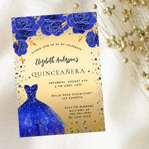 Quinceanera royal blue gold dress florals luxury
