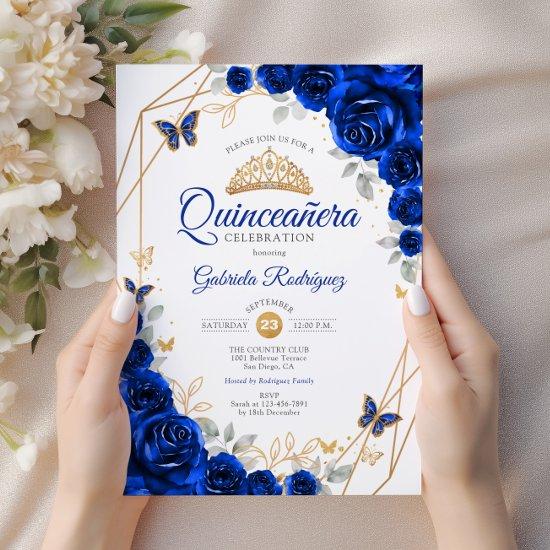 Quinceanera Royal Blue Gold Floral
