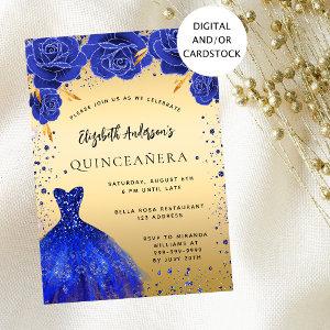 Quinceanera royal blue gold glitter dress florals