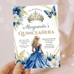 Quinceañera Royal Blue Gold Tiara Floral Butterfly