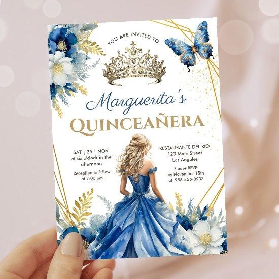 Quinceañera Royal Blue Gold Tiara Floral Butterfly