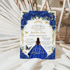 Quinceañera Royal Blue Roses Floral Vintage Gold