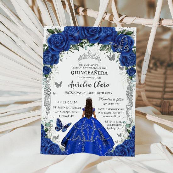 Quinceañera Royal Blue Roses Floral Vintage Silver