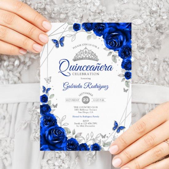 Quinceanera Royal Blue Silver Floral