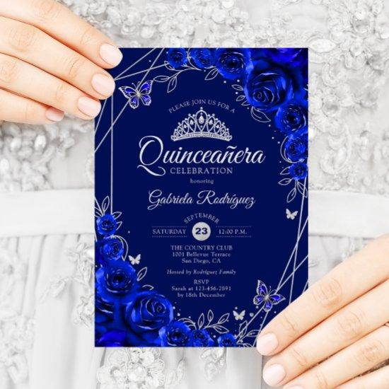 Quinceanera Royal Blue Silver Floral