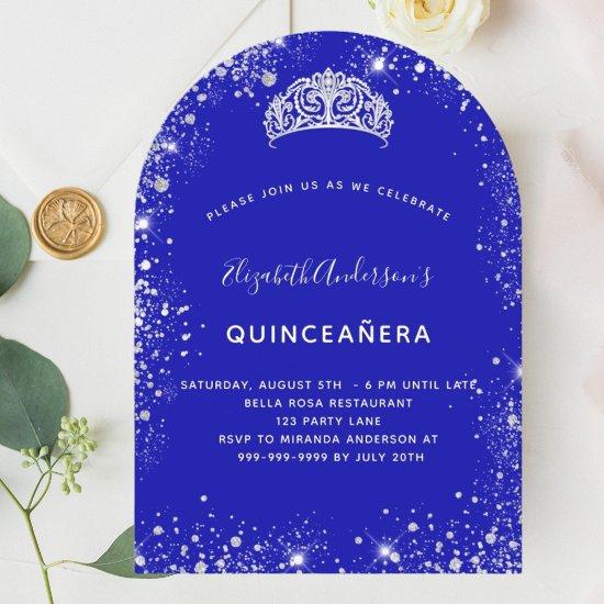 Quinceanera royal blue silver glitter tiara arch