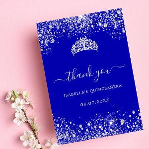 Quinceanera royal blue silver glitter tiara thank you card