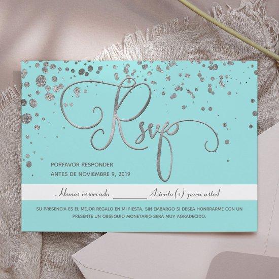 Quinceanera RSVP Blue Silver Spanish Response card