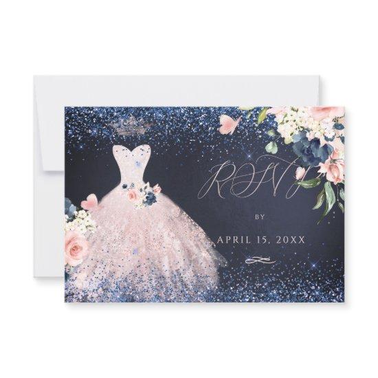 Quinceanera RSVP Butterfly Blush Gown Navy