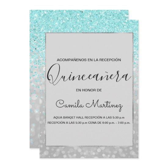 Quinceanera RSVP Teal Blue Girly Glitter Sparkle